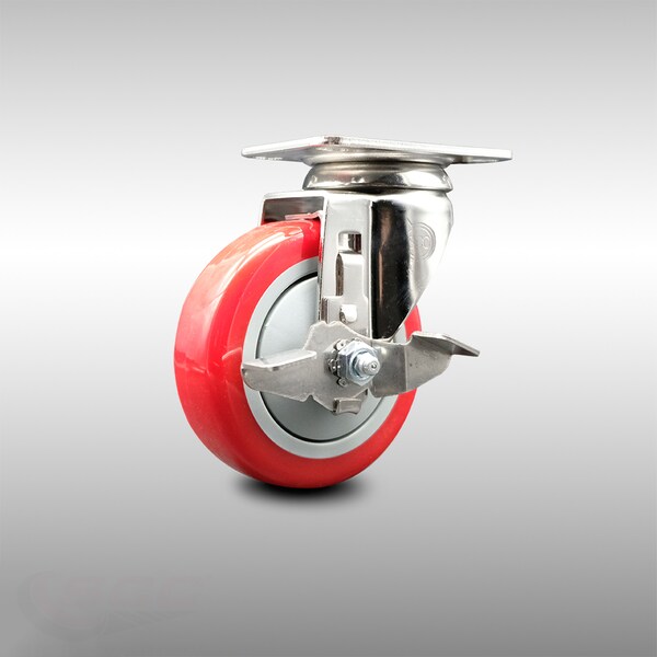 4 Inch 316SS Red Polyurethane Wheel Swivel Top Plate Caster with Brake SCC